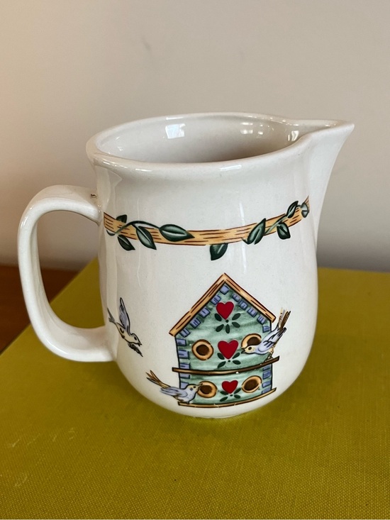 Other - Hand-Painted Birdhouse Ceramic Pitcher in White